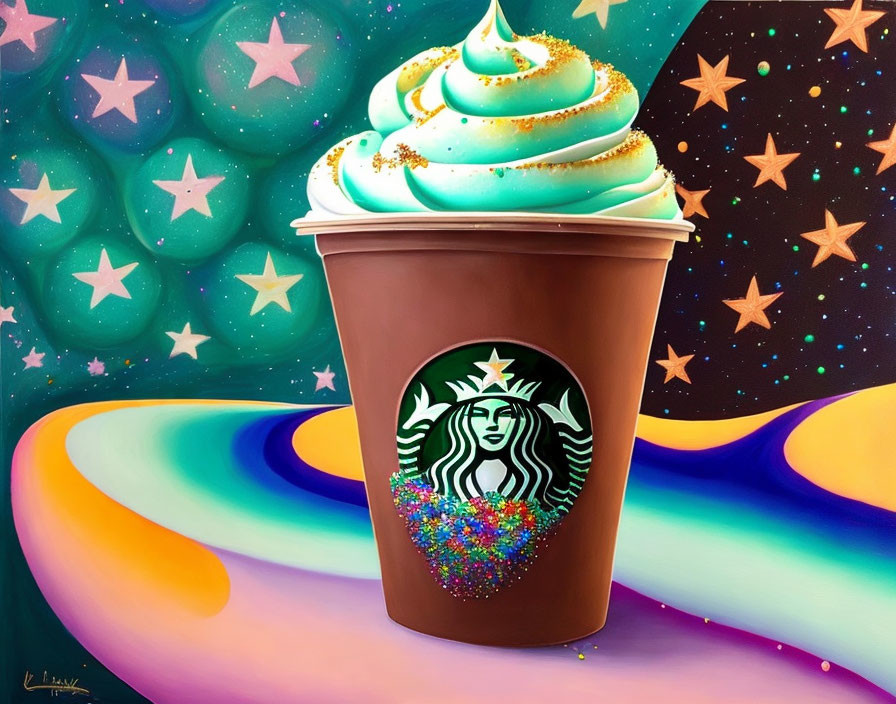 Colorful painting of whimsical Starbucks cup with whipped cream on cosmic background