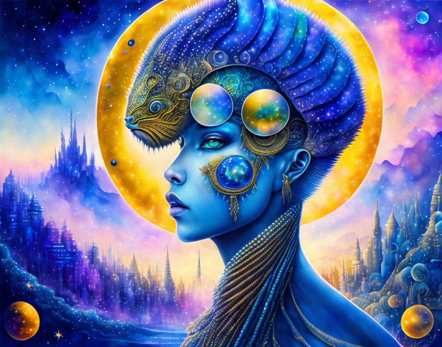 Vibrant surreal portrait of woman with cosmic makeup and ornate headdress in space setting