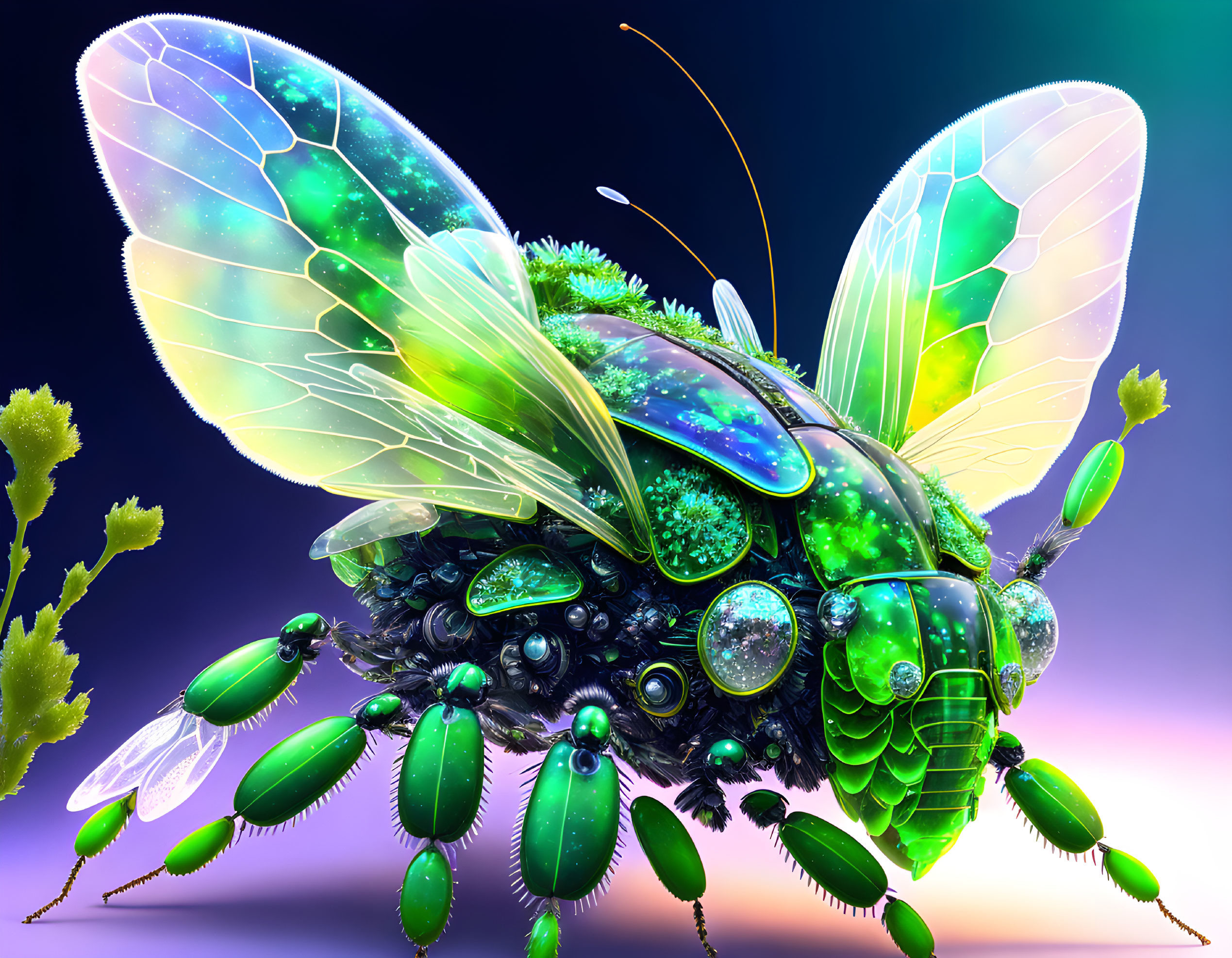 Colorful digital artwork of fantastical insect with iridescent wings and jewel-like body on gradient background