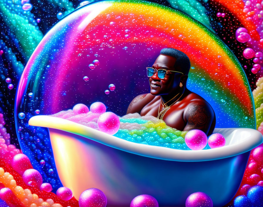 Man with sunglasses in cosmic bubble bath illustration