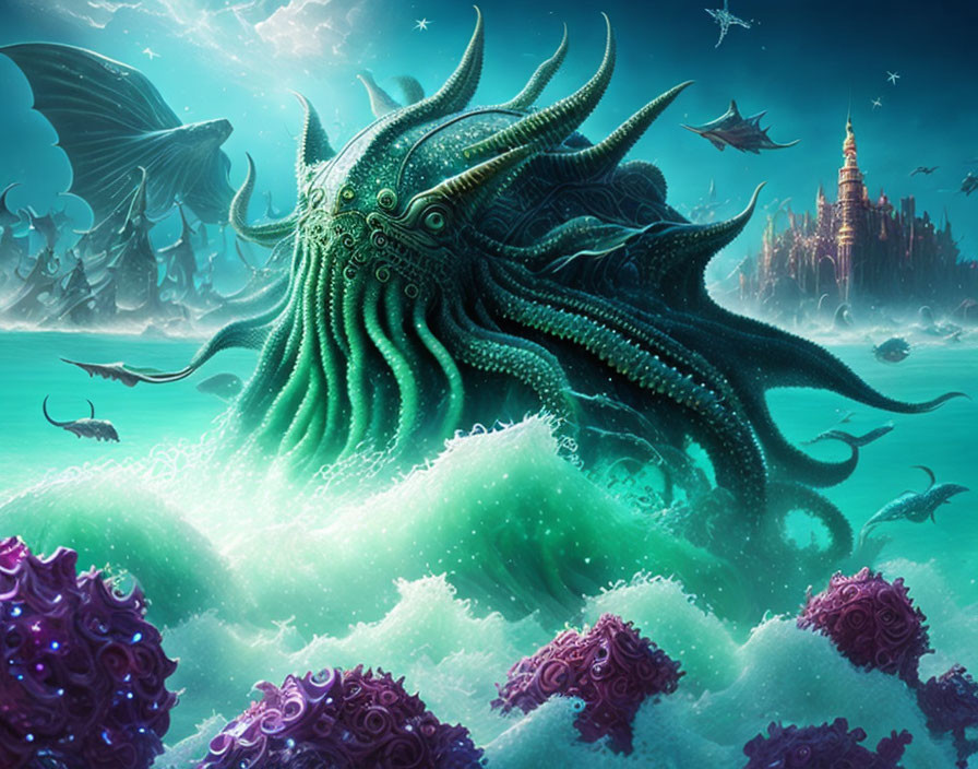 Mystical artwork: Giant cephalopod in ocean waves with castle and marine life