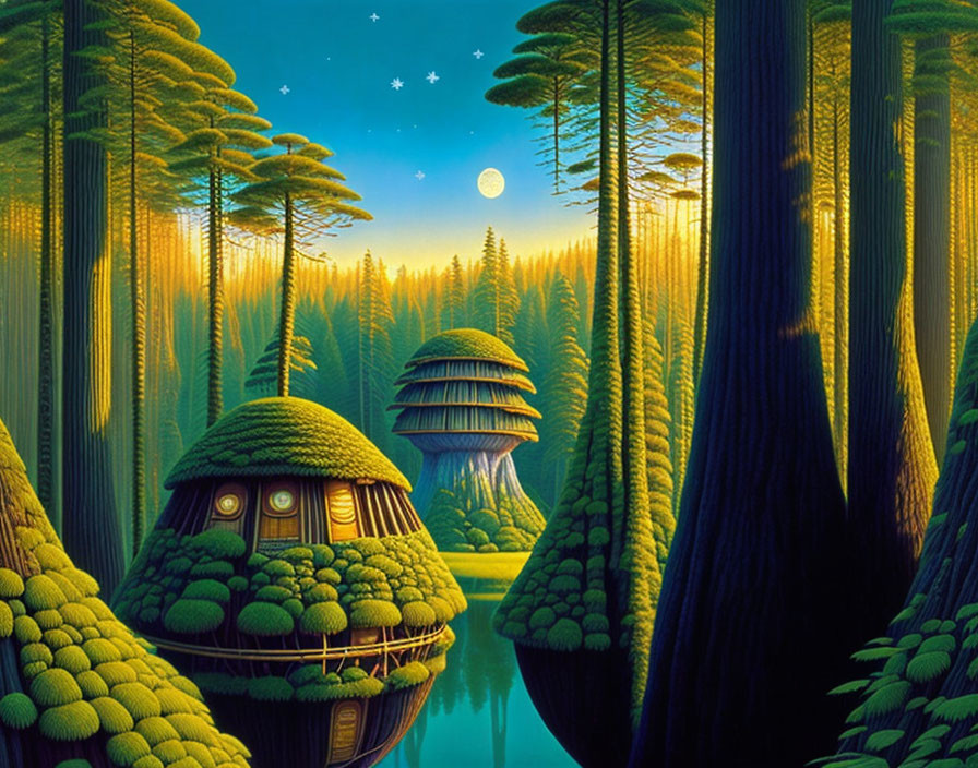 Enchanting fantasy forest with moon, stars, and mushroom houses