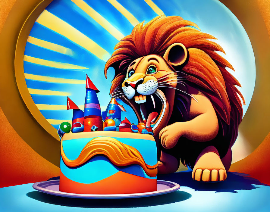 Colorful Birthday Cake with Lion and Castle Decoration on Swirly Background
