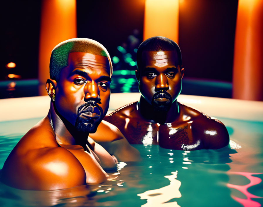 Identical male figures with stern expressions submerged in water with reflections and warm lighting.