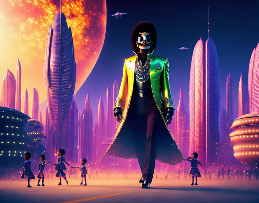 Stylized character with children in futuristic cityscape