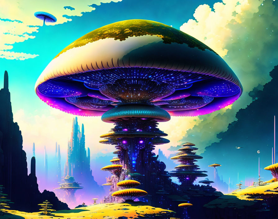 Colorful Digital Artwork: Giant Mushroom Structures in Alien Landscape