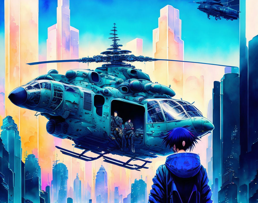 Blue-haired person faces futuristic helicopter and troops in neon-lit cityscape