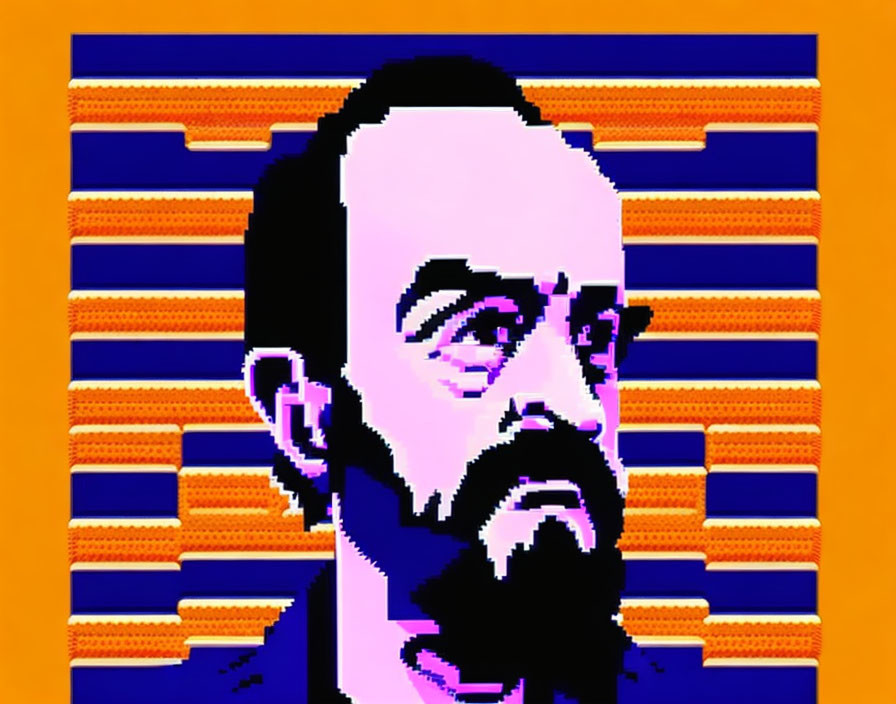 Bearded man pixel art on orange & purple background