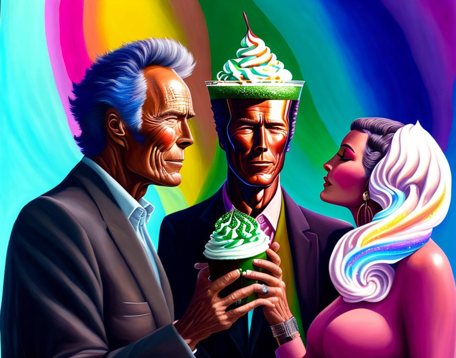 Colorful illustration of three stylized characters: elderly man with sundae, man with cone, woman