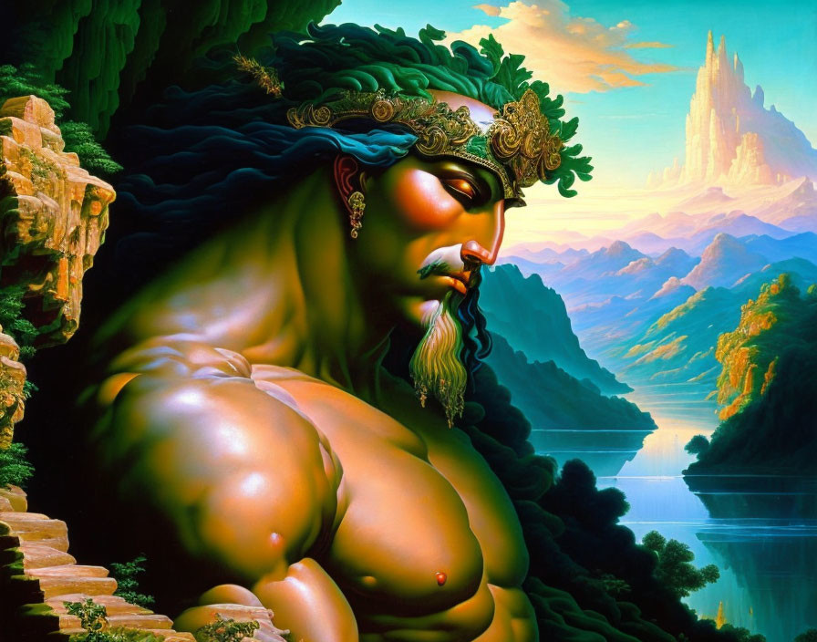Muscular, Bearded Man with Crown in Fantasy Mountain Landscape