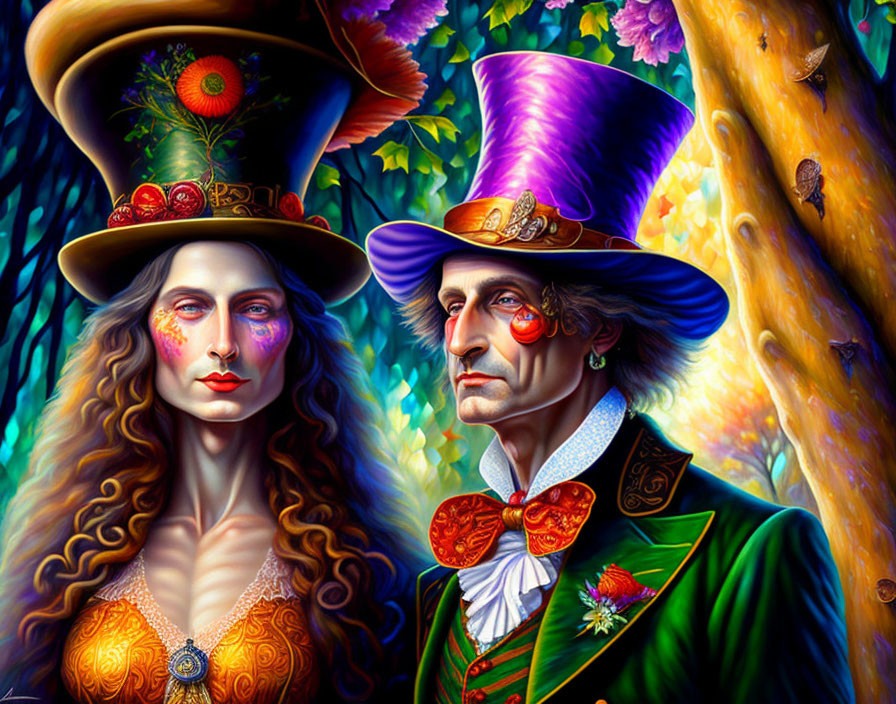 Colorful Male and Female Pair in Eccentric Costumes Against Enchanted Forest