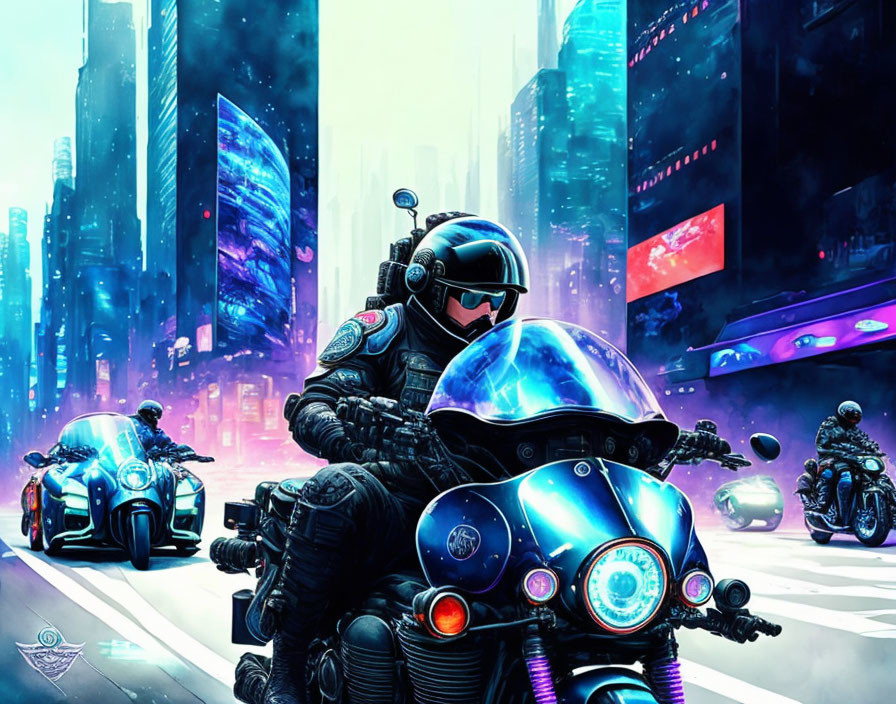 Futuristic motorcycle rider in gear with neon-lit cityscape