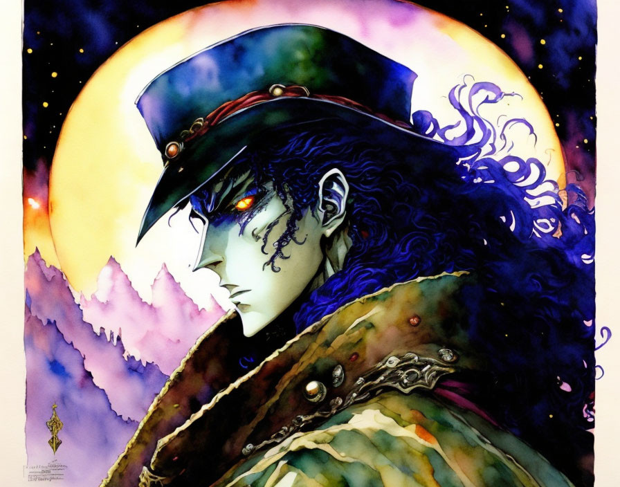 Colorful male anime character with dark hair and top hat in green jacket against starry backdrop