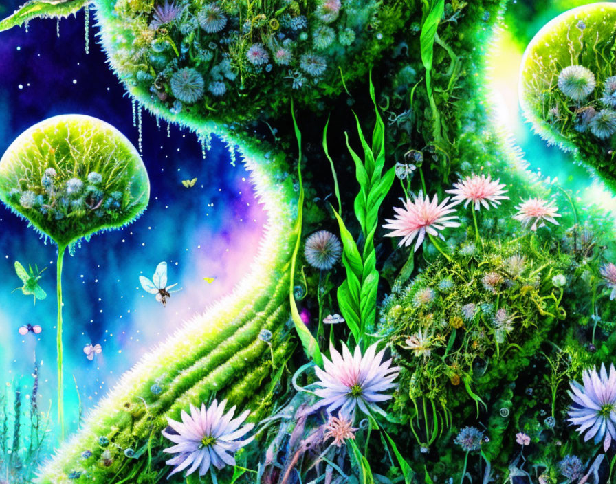 Fantasy landscape with glowing trees, flowers, and butterflies
