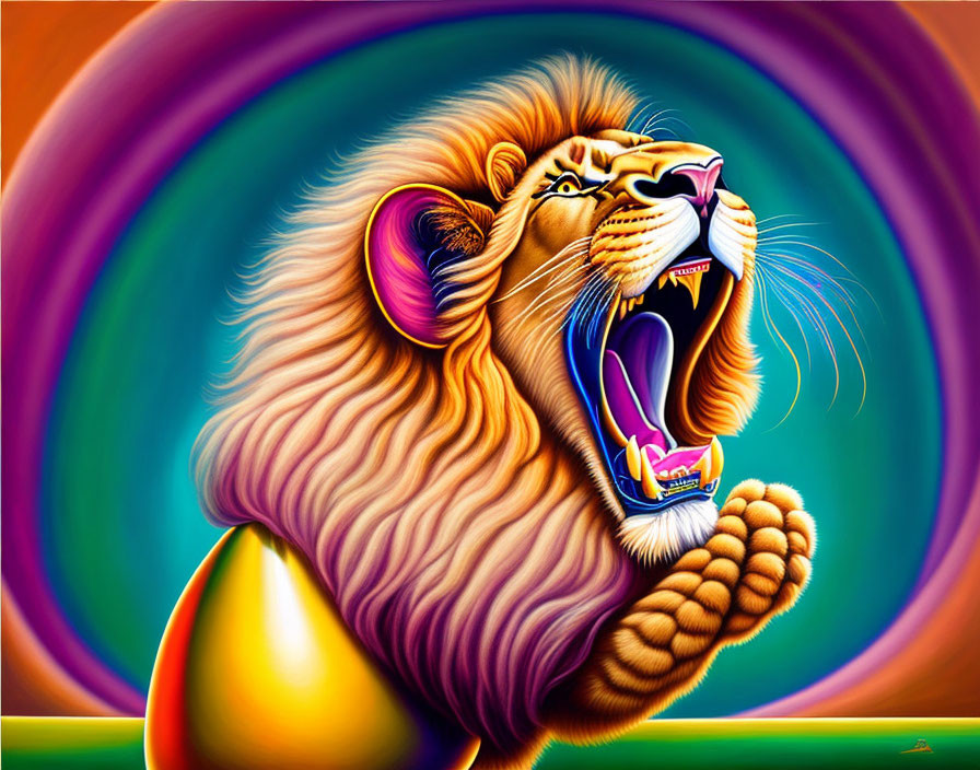 Vibrant roaring lion digital artwork with rainbow background and colorful egg