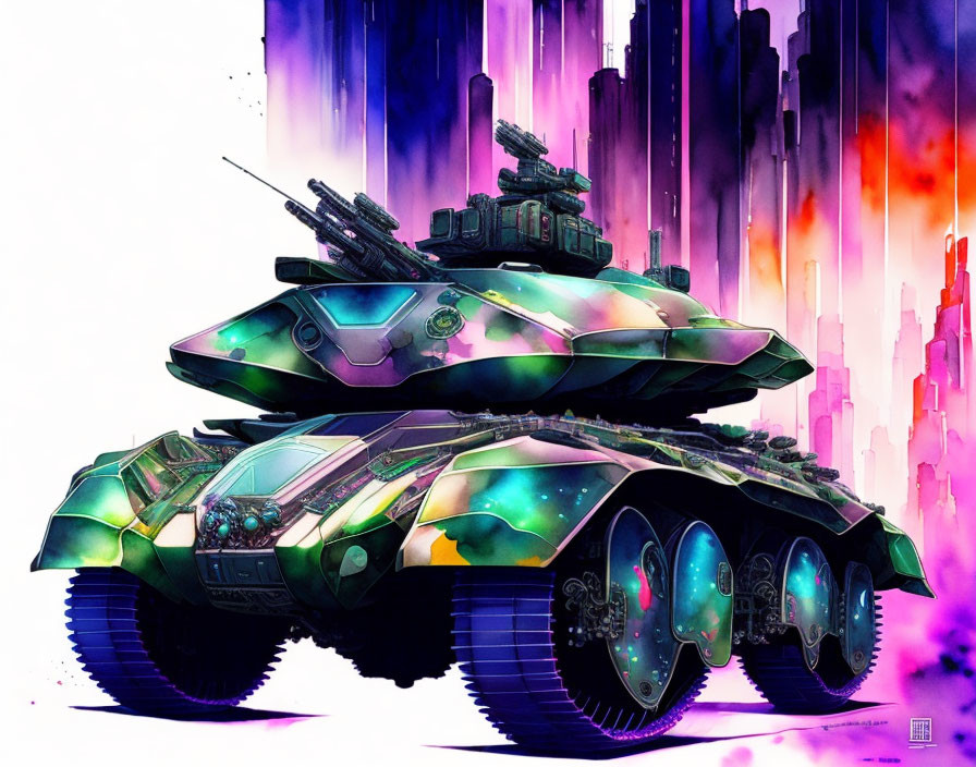 Futuristic tanks with sleek designs in vibrant backdrop