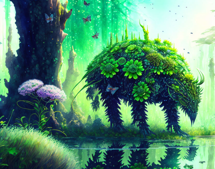 Fantastical turtle-like creature with garden on back in ethereal forest scene