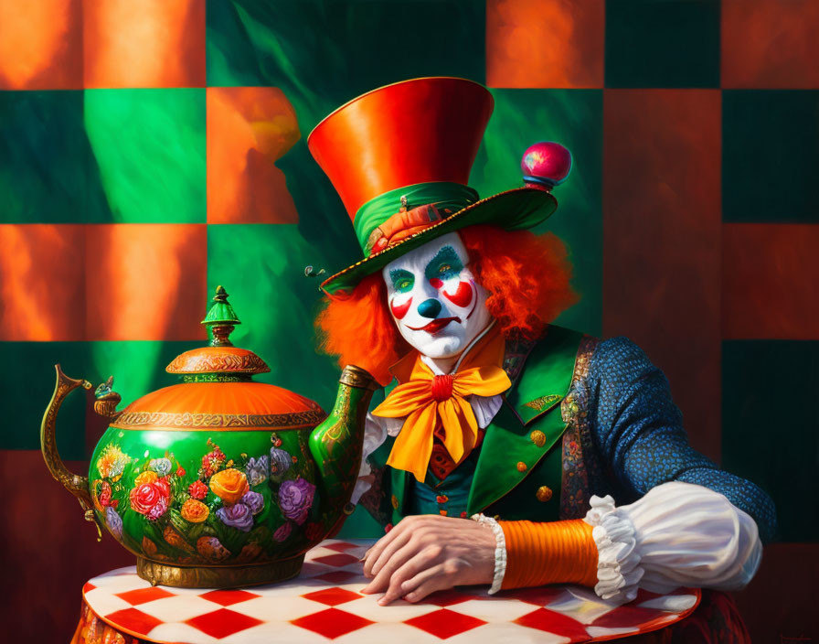 Vibrant Mad Hatter with Teapot on Checkered Background