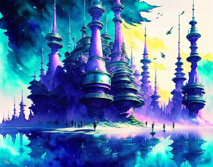 Surreal futuristic cityscape with purple spires and flying creatures