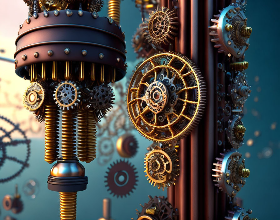 Detailed 3D rendering of intricate metallic gears and cogs