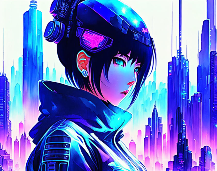 Futuristic female character in cyberpunk setting with neon cityscape