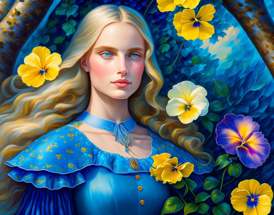 Digital painting of woman with blonde hair and blue eyes in blue dress among vibrant flowers