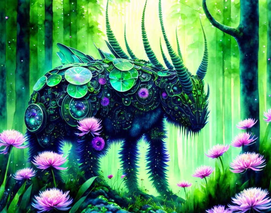 Iridescent Bubble-Covered Creature in Luminescent Forest