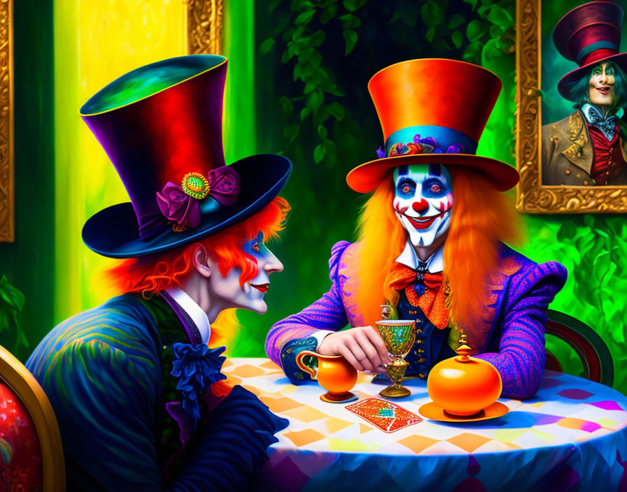 Colorful Artwork of Whimsical Character with Orange Hair and Tea Cup