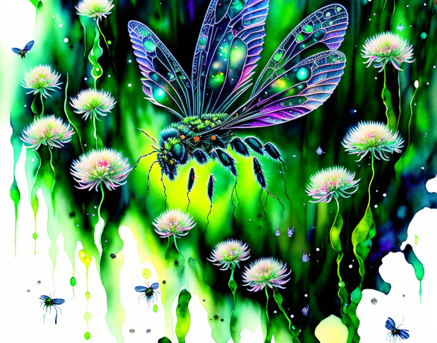 Detailed Butterfly Artwork Among Colorful Flora and Ink Splotches