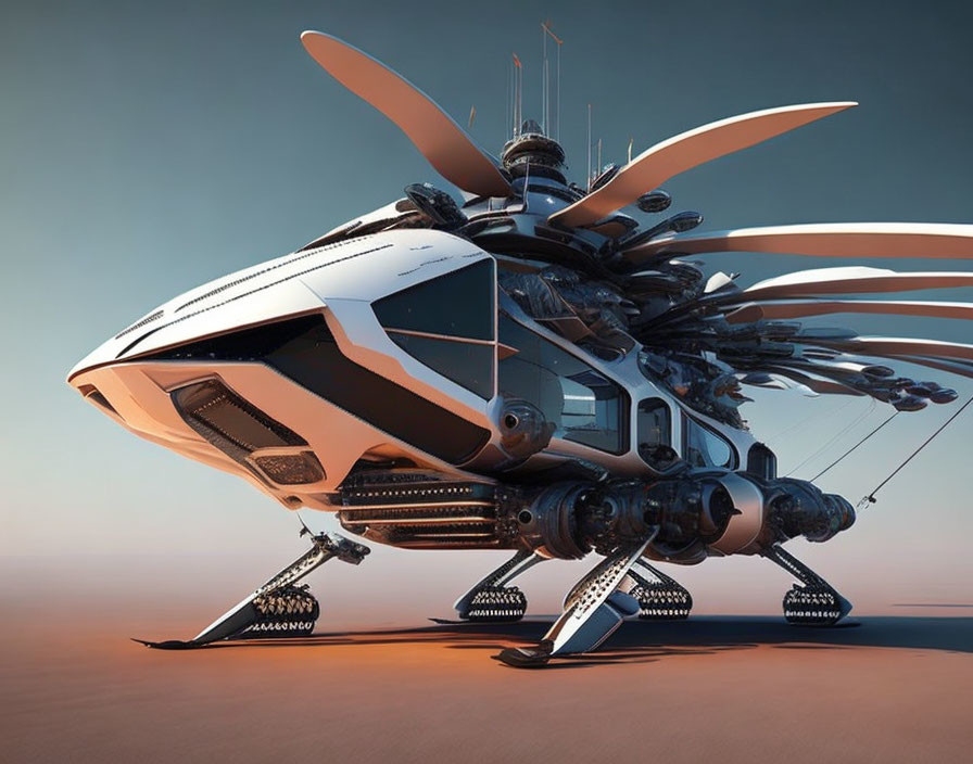 Futuristic helicopter with multiple rotors on warm backdrop