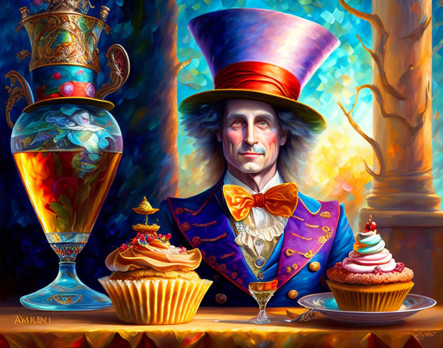 Colorful Mad Hatter-inspired character with top hat, waistcoat, bow tie, cupcakes, and