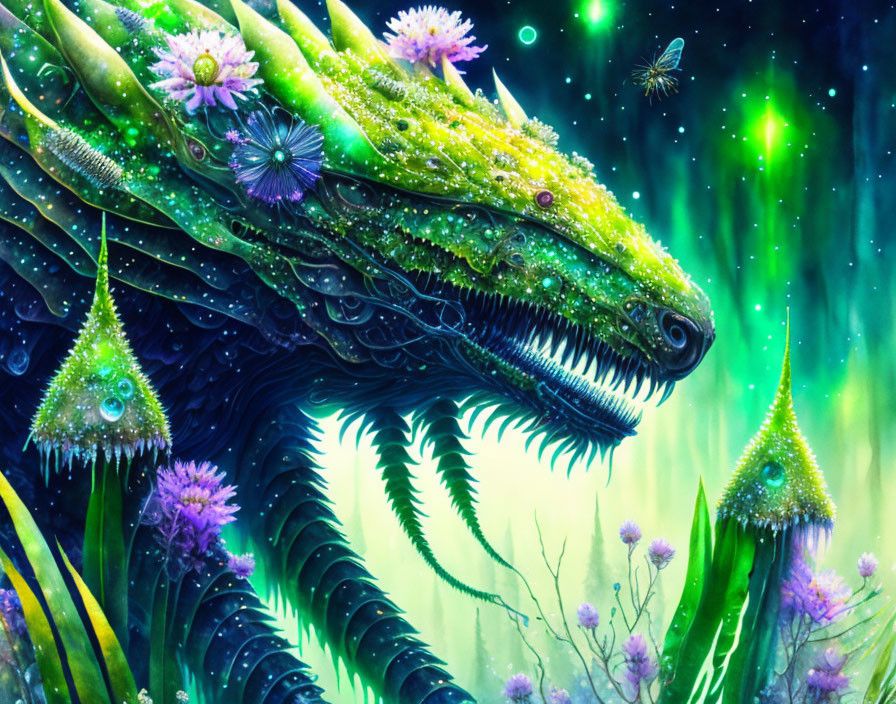 Colorful dragon with glowing plants and magical background