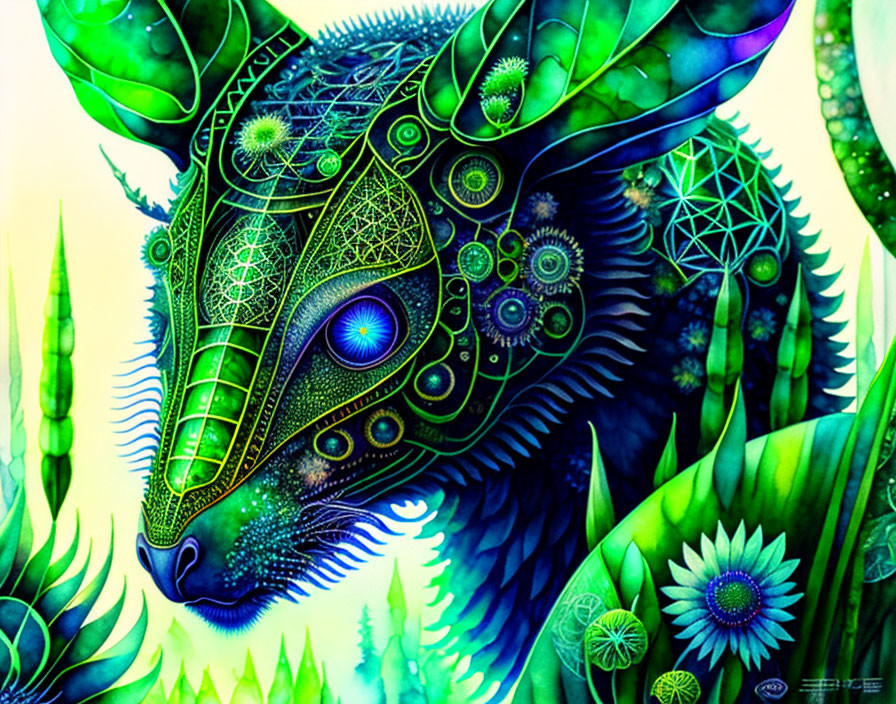 Colorful Psychedelic Chameleon Art with Geometric Shapes and Exotic Plants