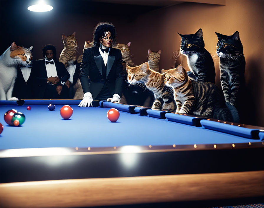 Feline characters in suits playing pool in dimly lit setting