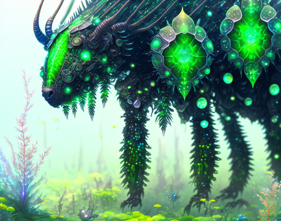 Green fantastical creature with crystal details in misty forest