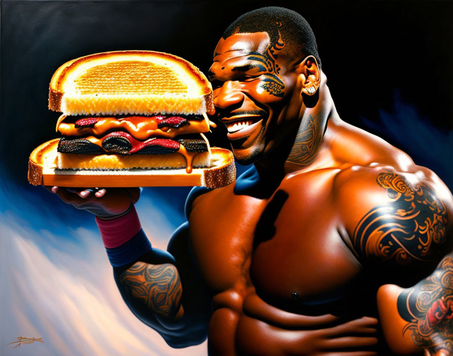 Smiling man with tattoos holding giant burger on platter