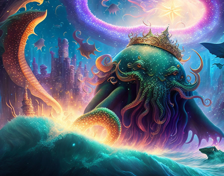 Majestic octopus with crown in cosmic fantasy scene