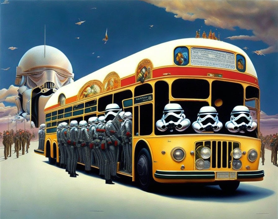 Yellow school bus with Star Wars stormtroopers boarding, surreal sky with floating city.