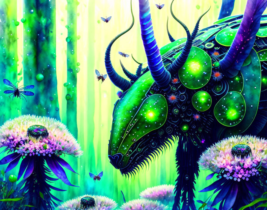 Colorful Illustration: Fantastical Beetle Creature in Luminescent Flower Forest
