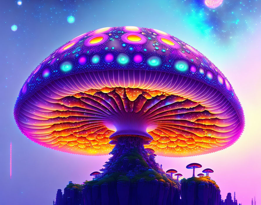 Colorful neon mushroom illustration under purple-pink alien sky