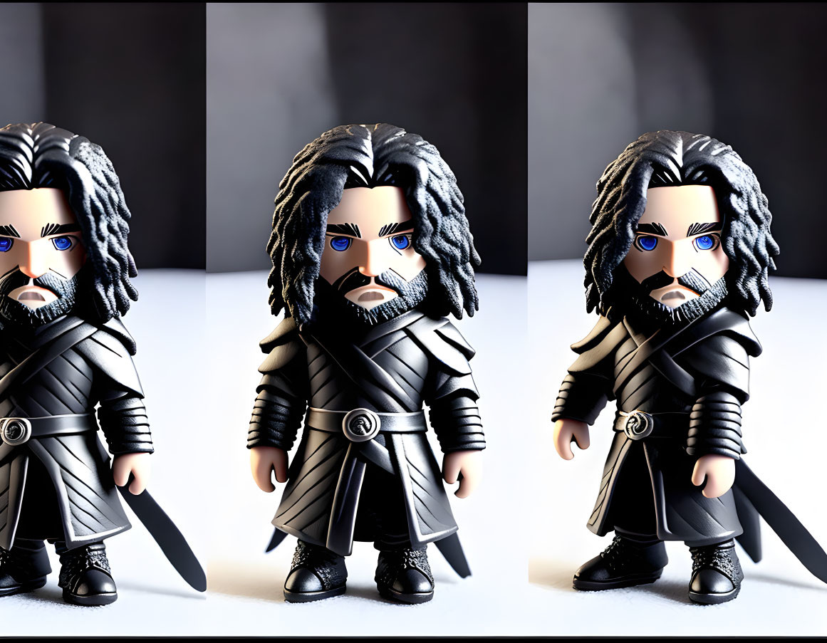 Three Dark-Haired Bearded Fantasy Warrior Figurines in Black Outfits