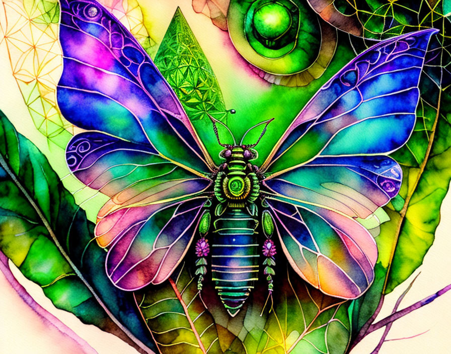 Detailed Watercolor Illustration of Colorful Butterfly with Geometric Patterns