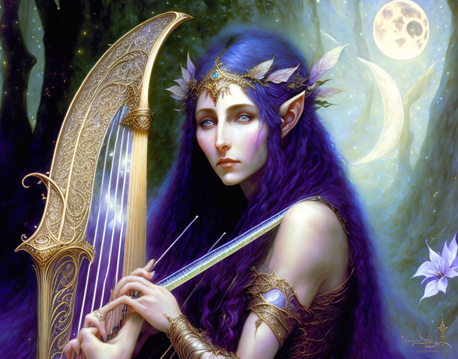 Blue-haired elf with harp in moonlit fantasy scene