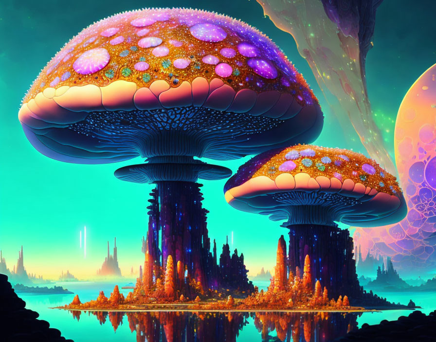 Fantastical alien landscape with towering bioluminescent mushrooms at twilight