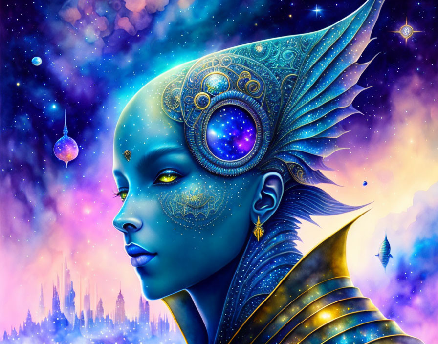Celestial blue-skinned female with cosmic headdress in starry nebulous backdrop.