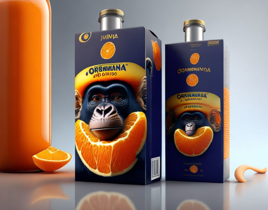 Cartons of Orange Juice with Gorilla Illustrations on Reflective Surface