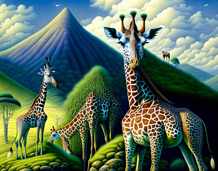 Surreal Artwork: Giraffes with Elongated Necks, Horse on Hill,