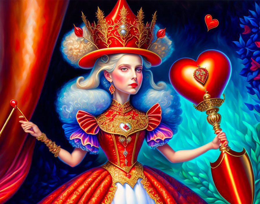 Regal Queen of Hearts Illustration in Red and Gold Dress