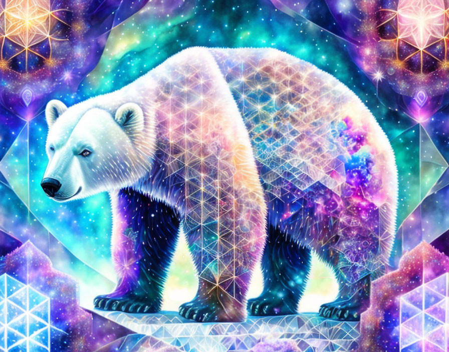Colorful Cosmic Polar Bear Artwork Against Celestial Background