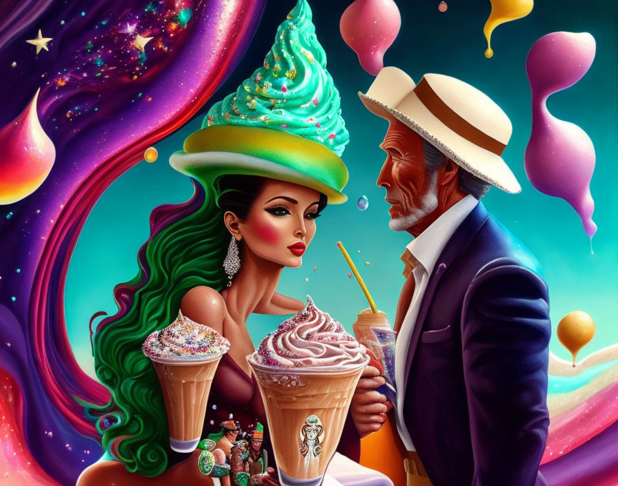 Surreal Artwork: Stylized Couple in Confectionery Attire Amid Cosmic Background